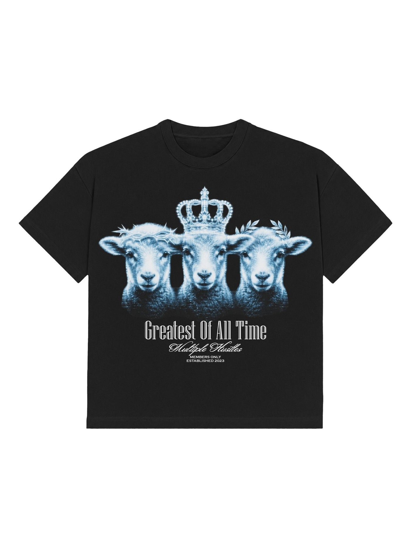 Greatest Of All Time tee, front — three crowned lambs printed in cold blue on heavyweight black cotton