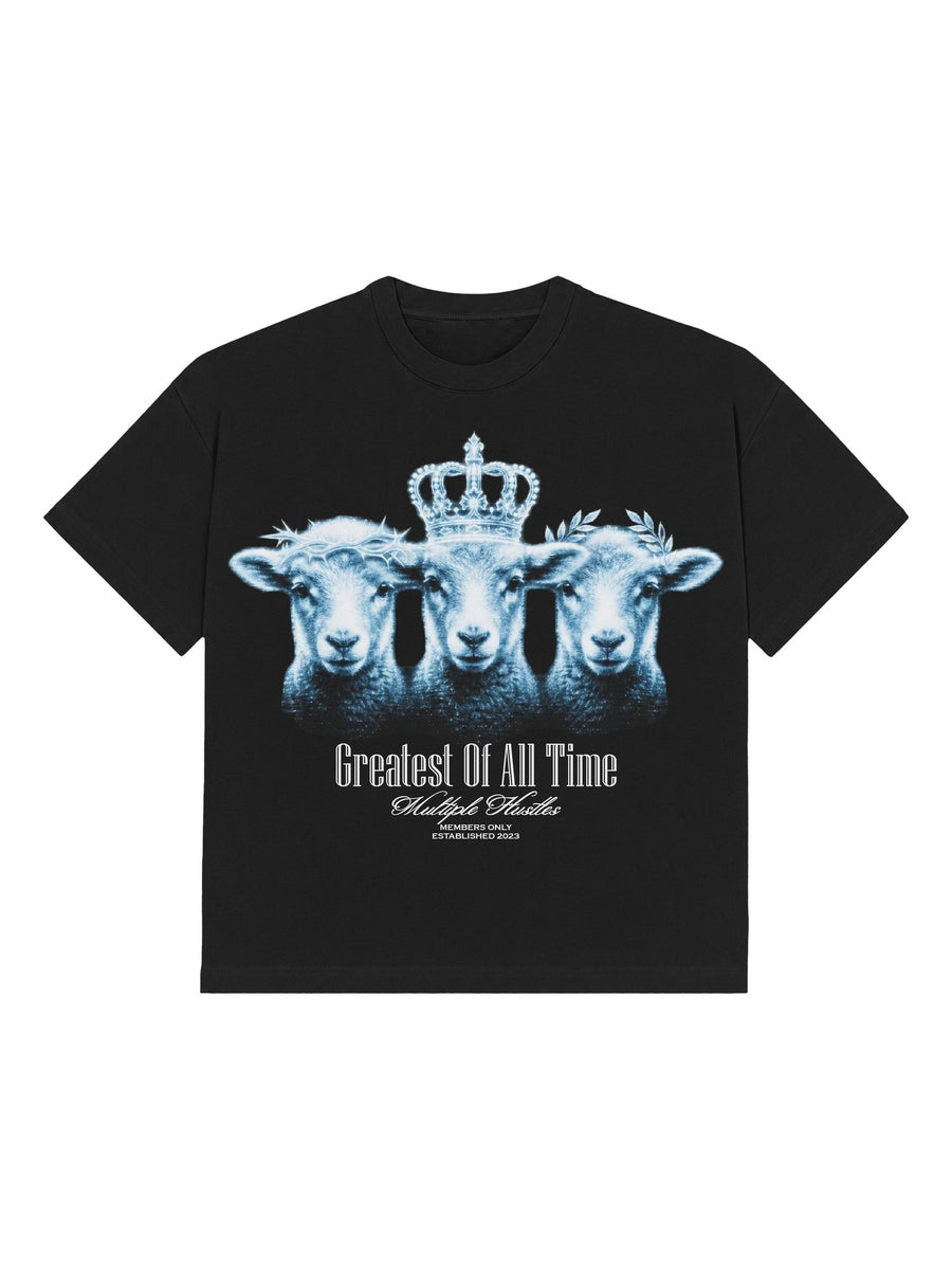 Greatest Of All Time tee, front — three crowned lambs printed in cold blue on heavyweight black cotton