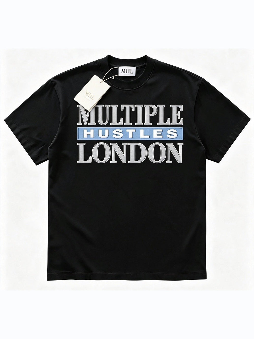 Multiple Hustles London tee in black with the stacked silver and sky blue lockup