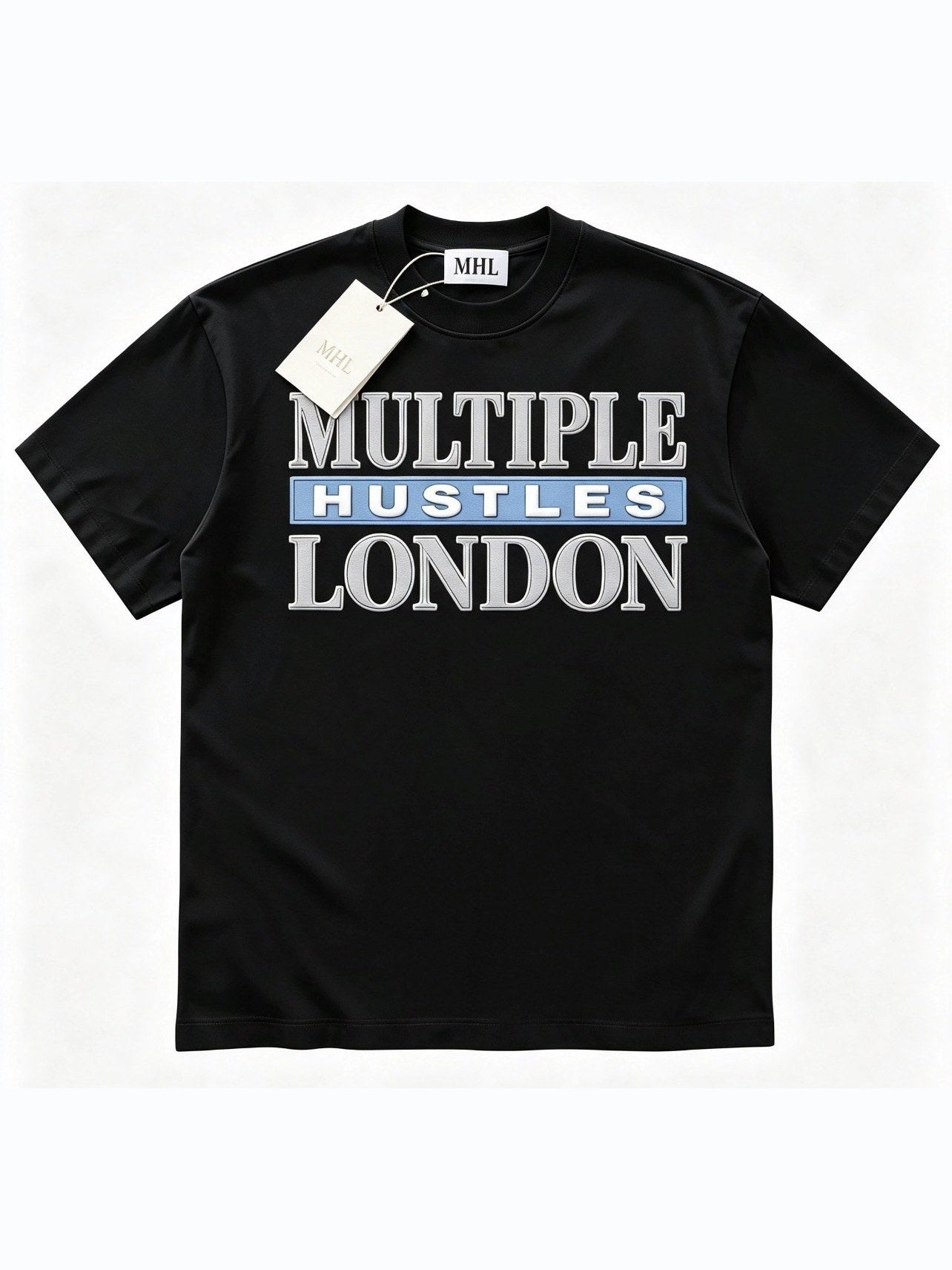 Multiple Hustles London tee in black with the stacked silver and sky blue lockup