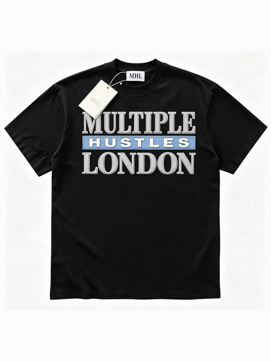 Multiple Hustles London tee in black with the stacked silver and sky blue lockup