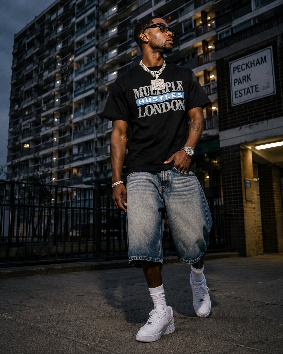 Model outside Peckham Park Estate wearing the Multiple Hustles London tee