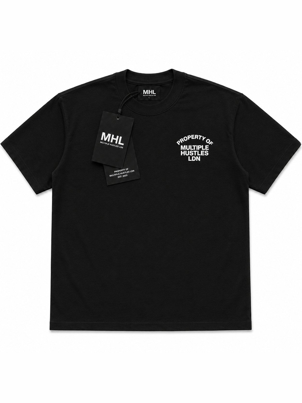 Black Property Of MHL tee photographed with the MHL hangtag set
