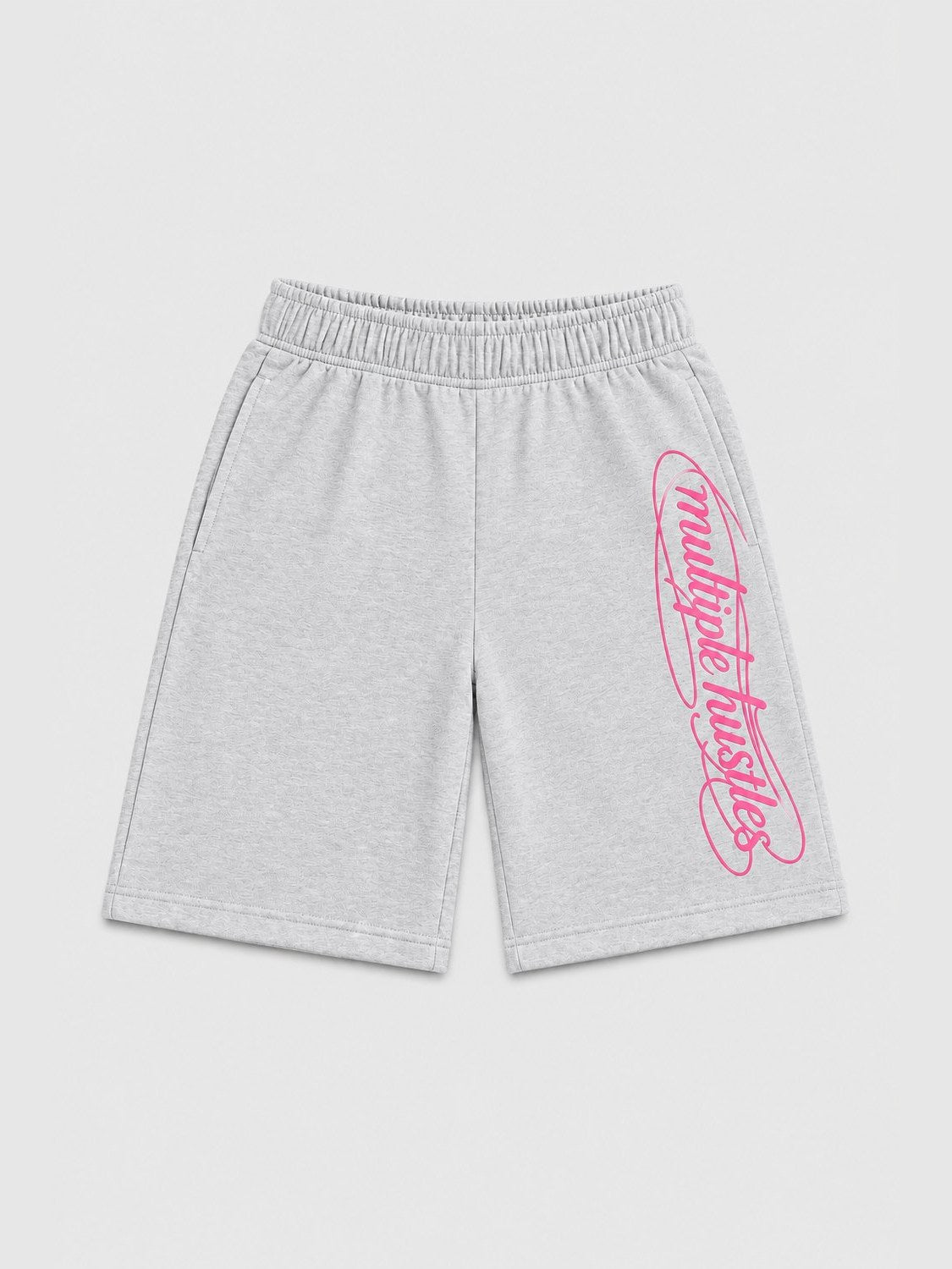 Multiple Hustles shorts in grey marl, front, with the looped script in pink