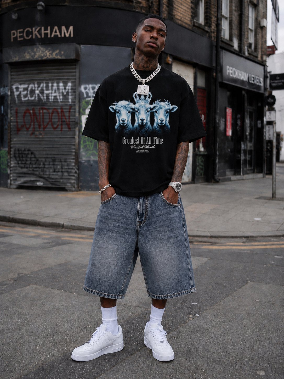 Model on a Peckham corner wearing the black Greatest Of All Time tee with denim shorts